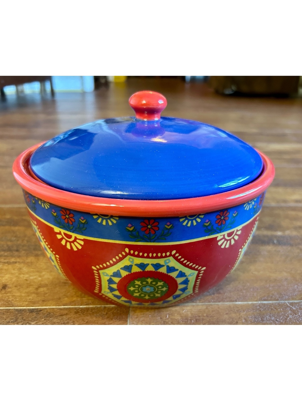 Colorful Ceramic Covered Bowl with Decorative Floral Pattern